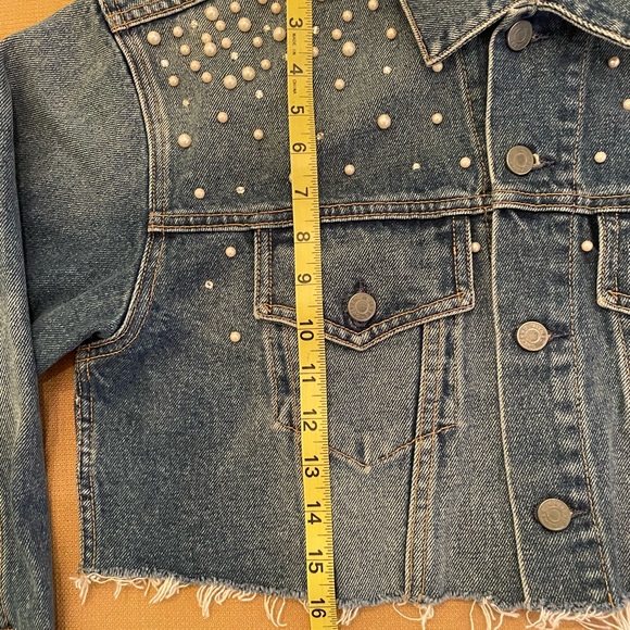 Grlfrnd Eve Cosmic Ray Blue Denim Pearl Embellished Cropped Jean Jacket XS Small - Picture 8 of 10
